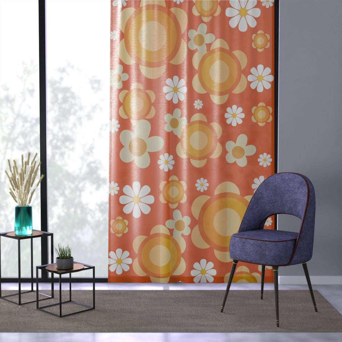 Flower Power, Groovy Mod, Flower Child Of The 70's Sheer Window Curtain Home Decor Sheer / White / 50" × 84"