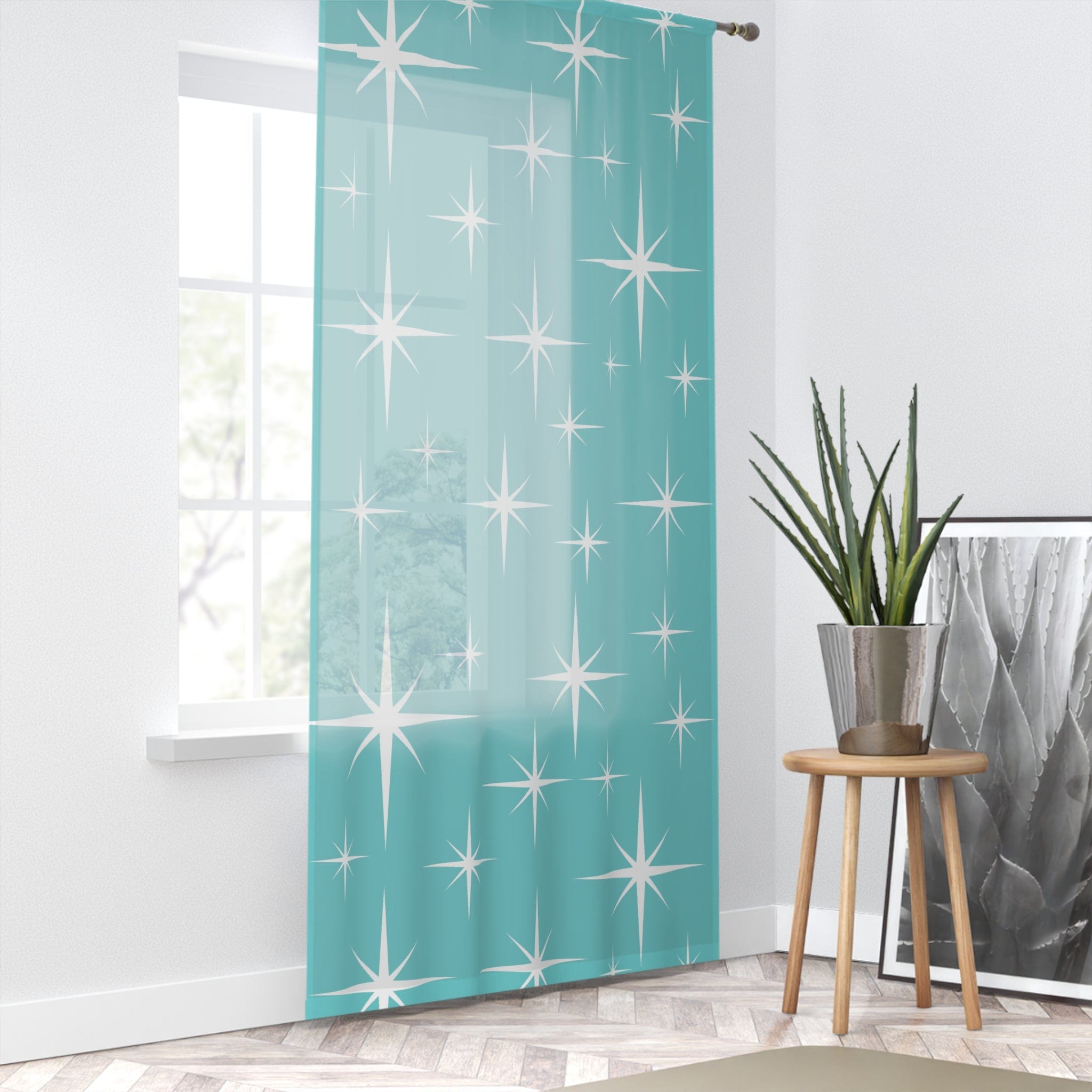 Mid Century Modern Starburst, Aqua Blue, White, Retro Home Decor SHEER Window Curtain Home Decor Sheer / White / 50" × 84"