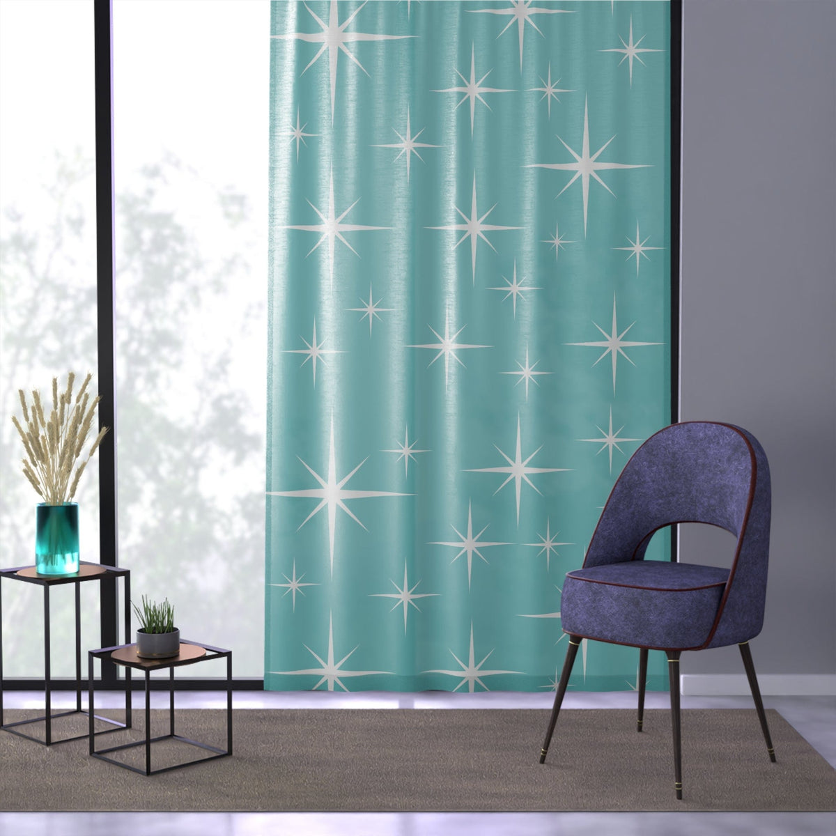 Mid Century Modern Starburst, Aqua Blue, White, Retro Home Decor SHEER Window Curtain Home Decor Sheer / White / 50" × 84"