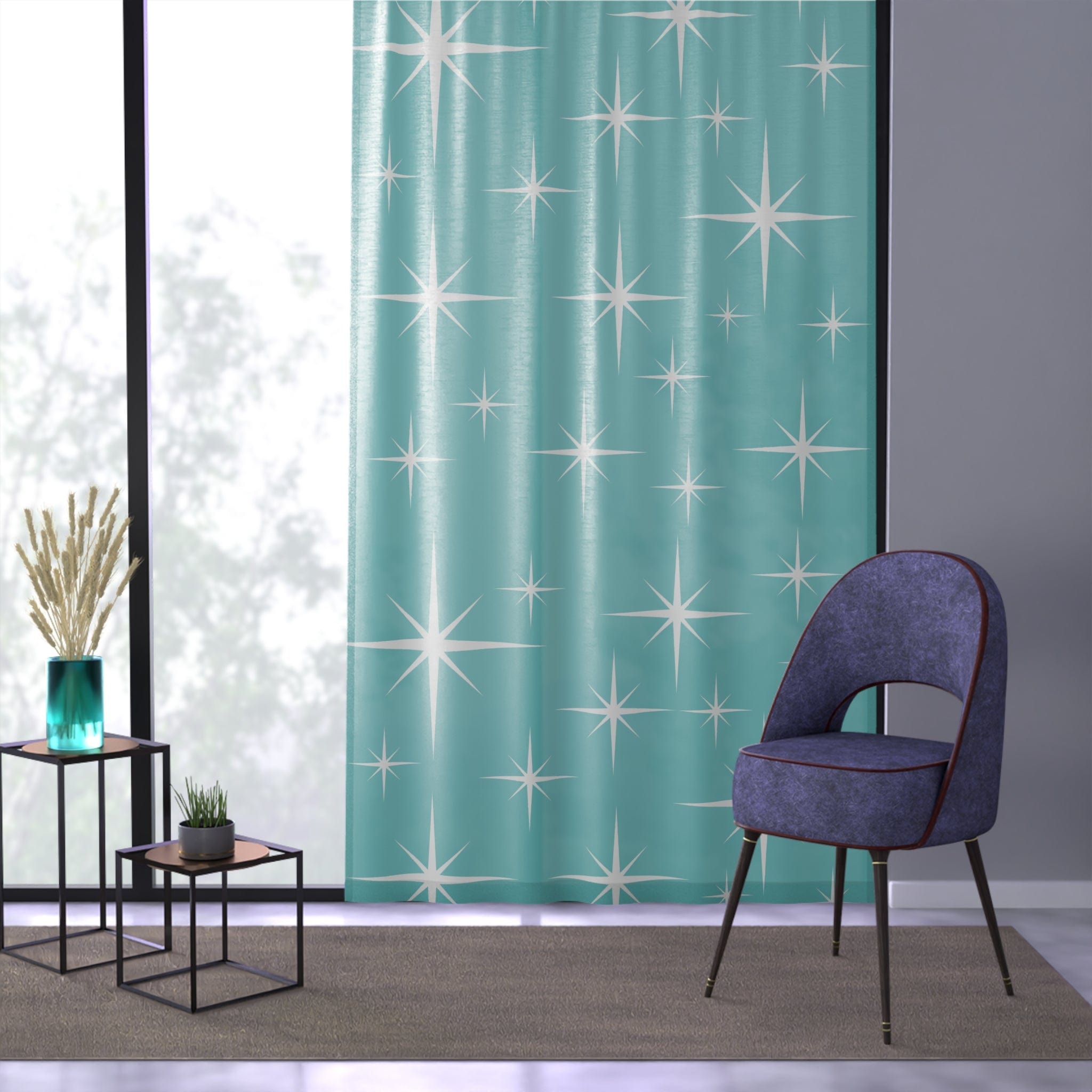 Mid Century Modern Starburst, Aqua Blue, White, Retro Home Decor SHEER Window Curtain Home Decor Sheer / White / 50" × 84"