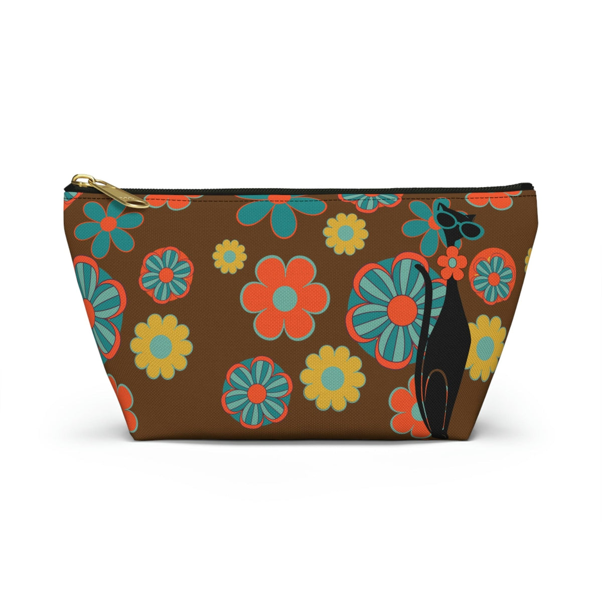 70's Flower Power, Retro Groovy Atomic Cat, Brown, Orange, Teal Accessory Makeup Pouch w T-bottom Bags Small / Black zipper