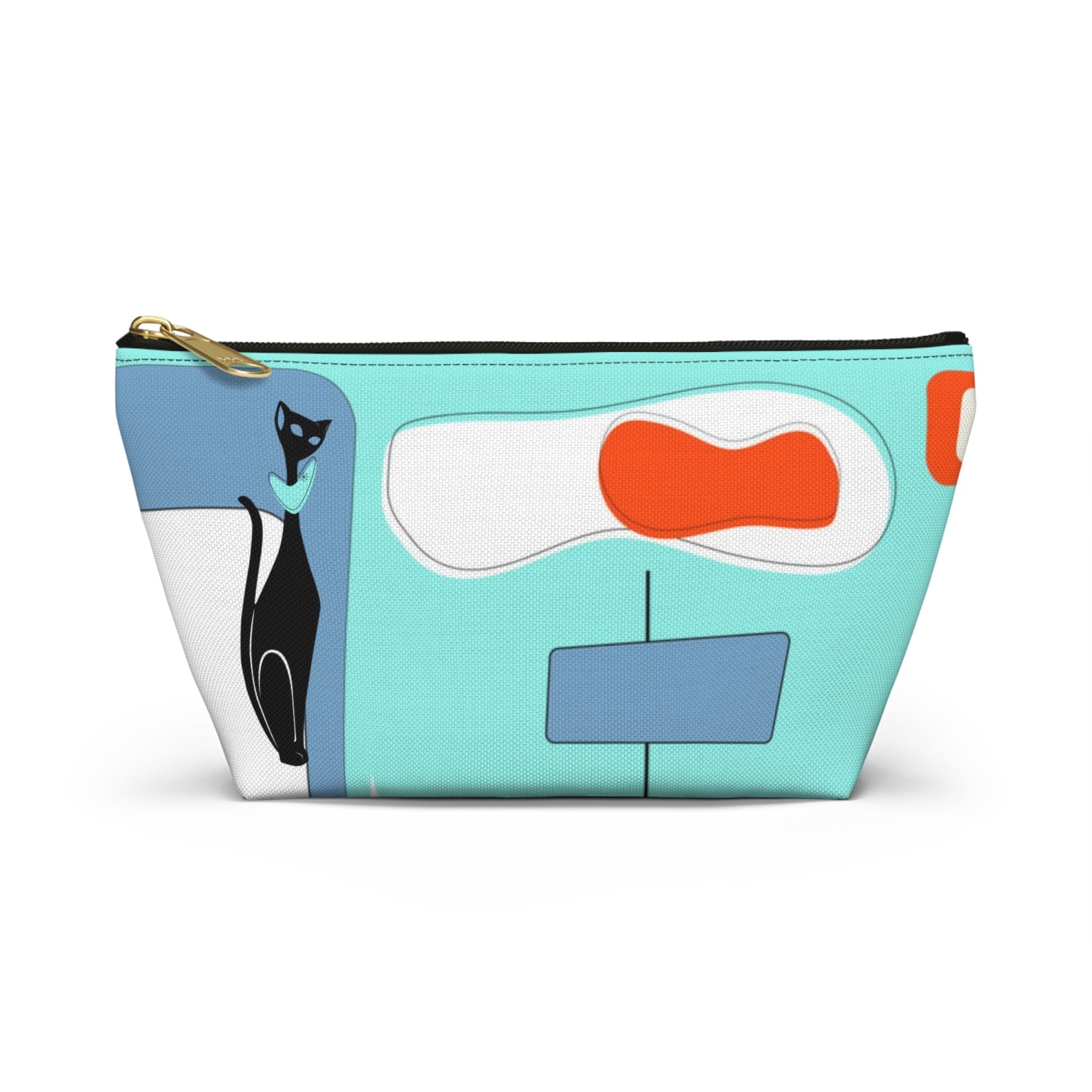 Atomic Cat, Aqua Blue, Mid Century Modern Funky Fun, Retro Accessory Pouch w T-bottom Bags Small / Black zipper