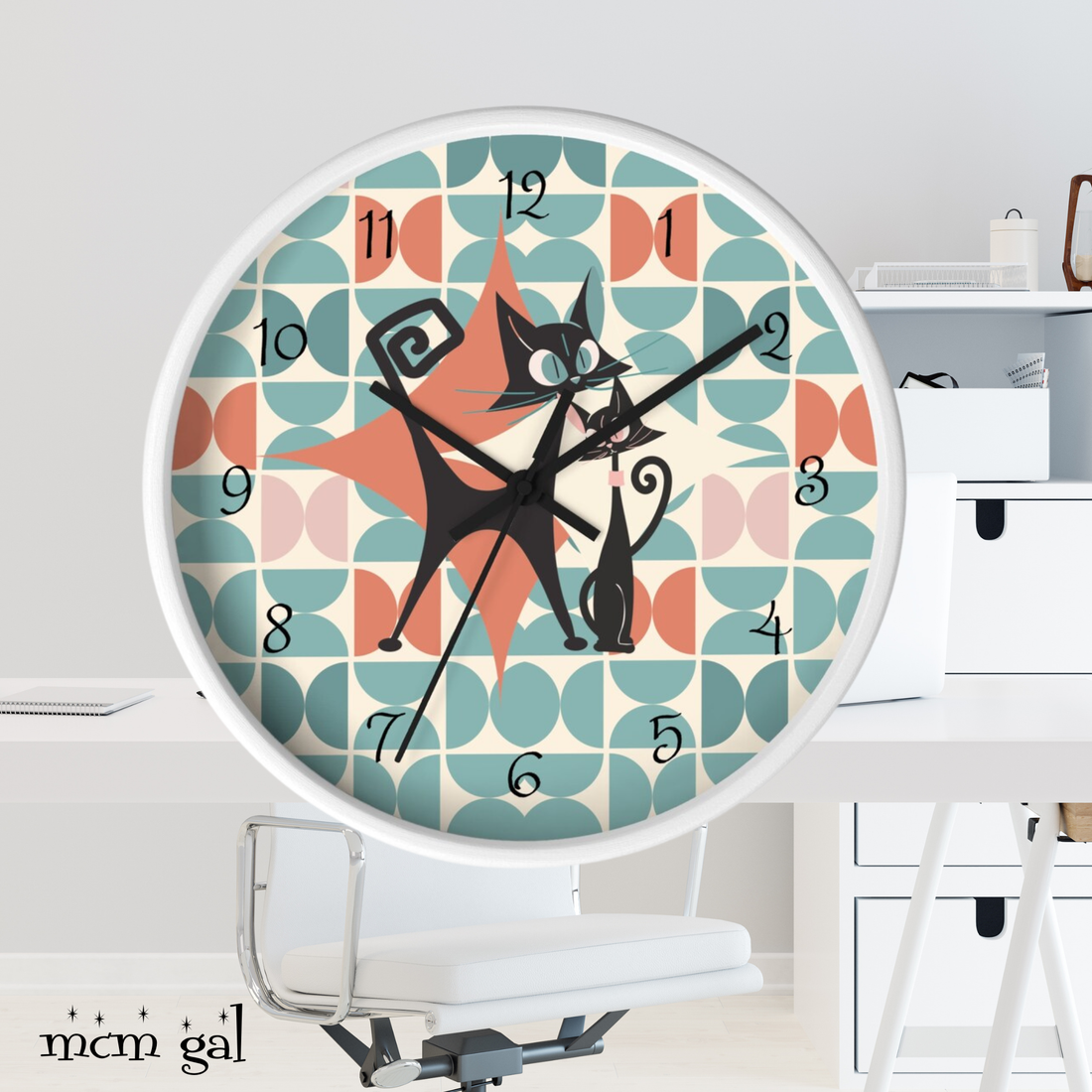 Kitchen Clock, Atomic Cat Retro Mid Century Modern Style With Scandinavian Designed Geometric Shapes, 50s Wall Clock For Cat Lovers