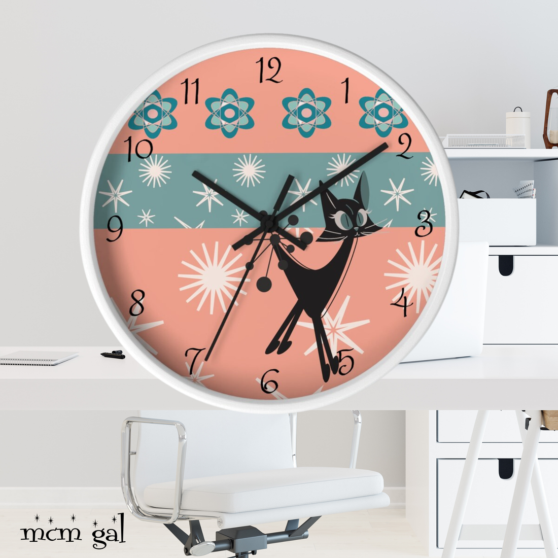 Atomic Cat Wall Clock, Mid Century Modern Kitschy 50s Style, Livingroom, Bedroom, Kitchen MCM Wall Clock