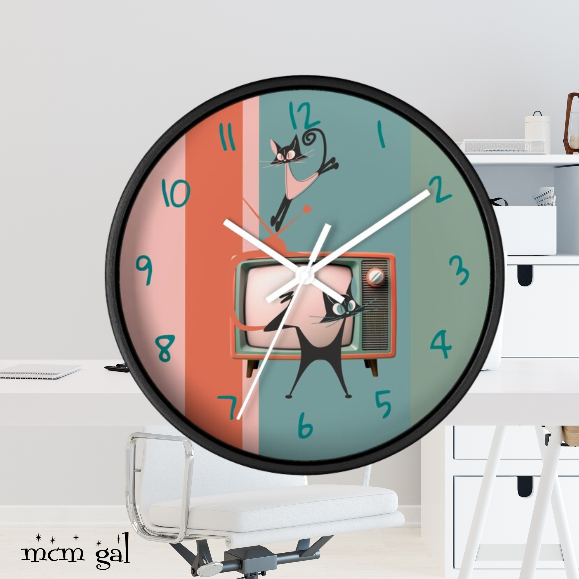 Atomic Cat Wall Clock, Mid Century Modern TV, Kitschy Black Cats, Whimsical Retro Cat Mom Gift For Bedroom, Livingroom, Kitchen - Mid Century Modern Gal