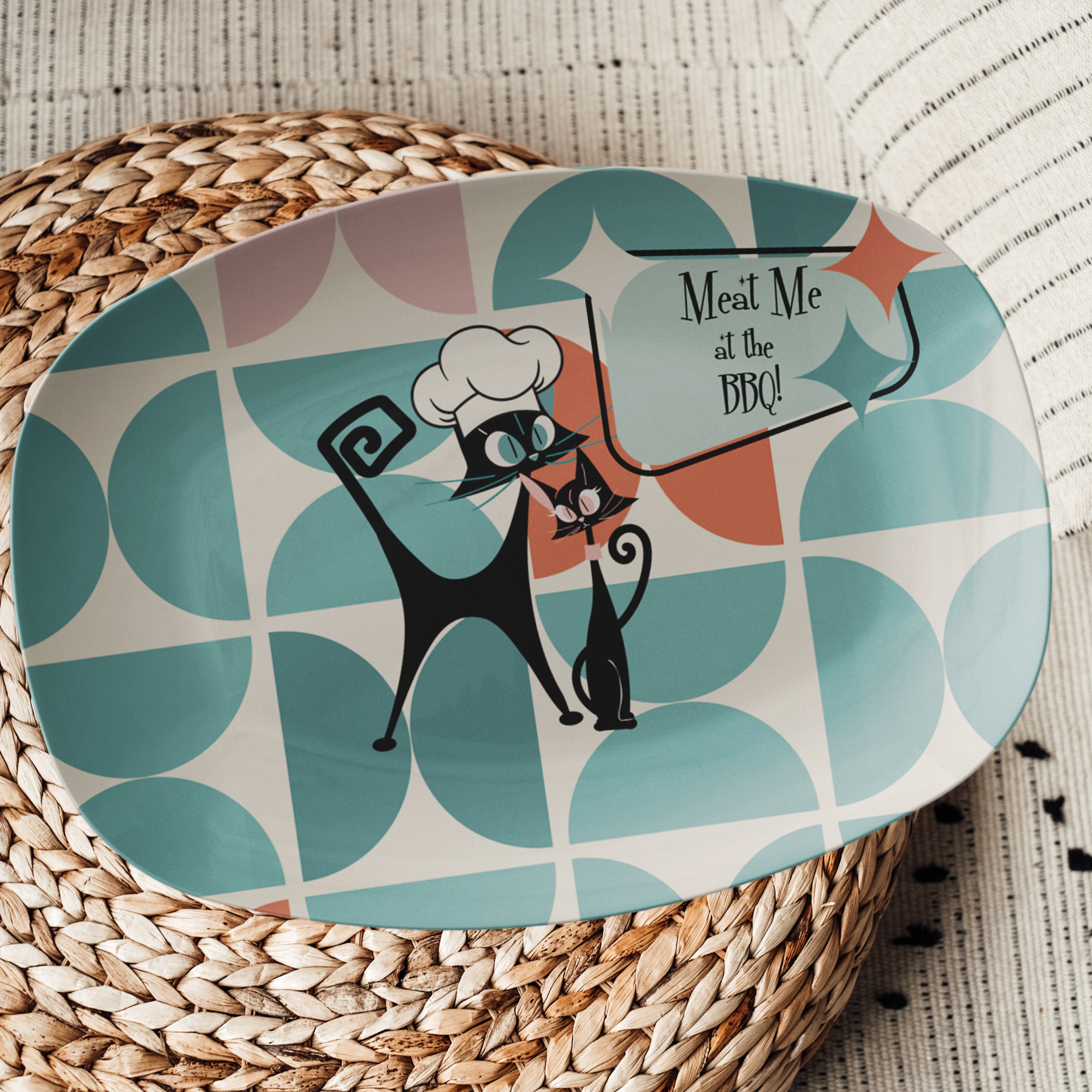 Atomic Cat Platter, Kitschy Cute Dad Grilling Platter Gift - Mid Century Modern Gal