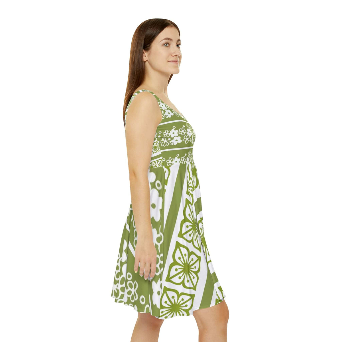 Spring Blossom, Verde, Spring Summer Retro Green Women's Skater Dress All Over Prints