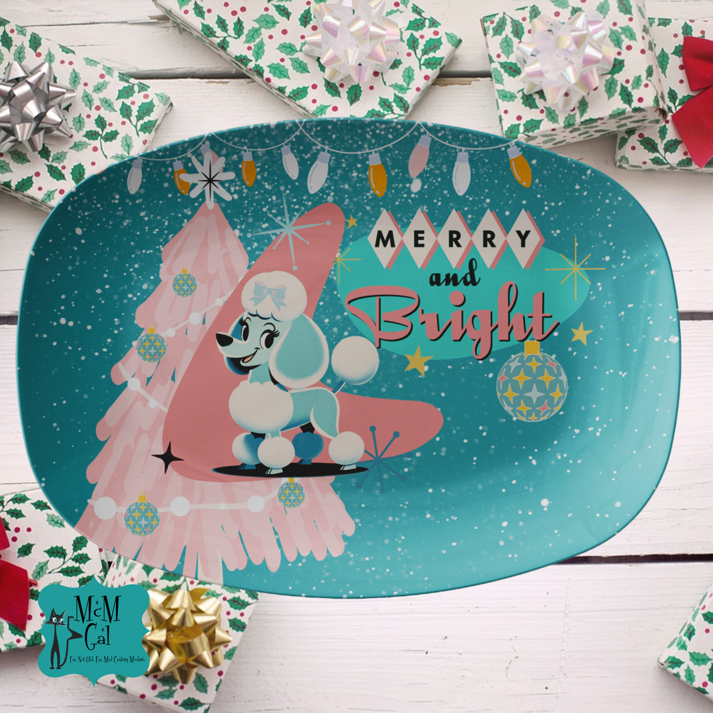 50s Holiday Kitsch Party Platter, Aqua Blue, Pink 50s Mod Dog Poodle Merry And Bright Christmas Platter - Mid Century Modern Gal