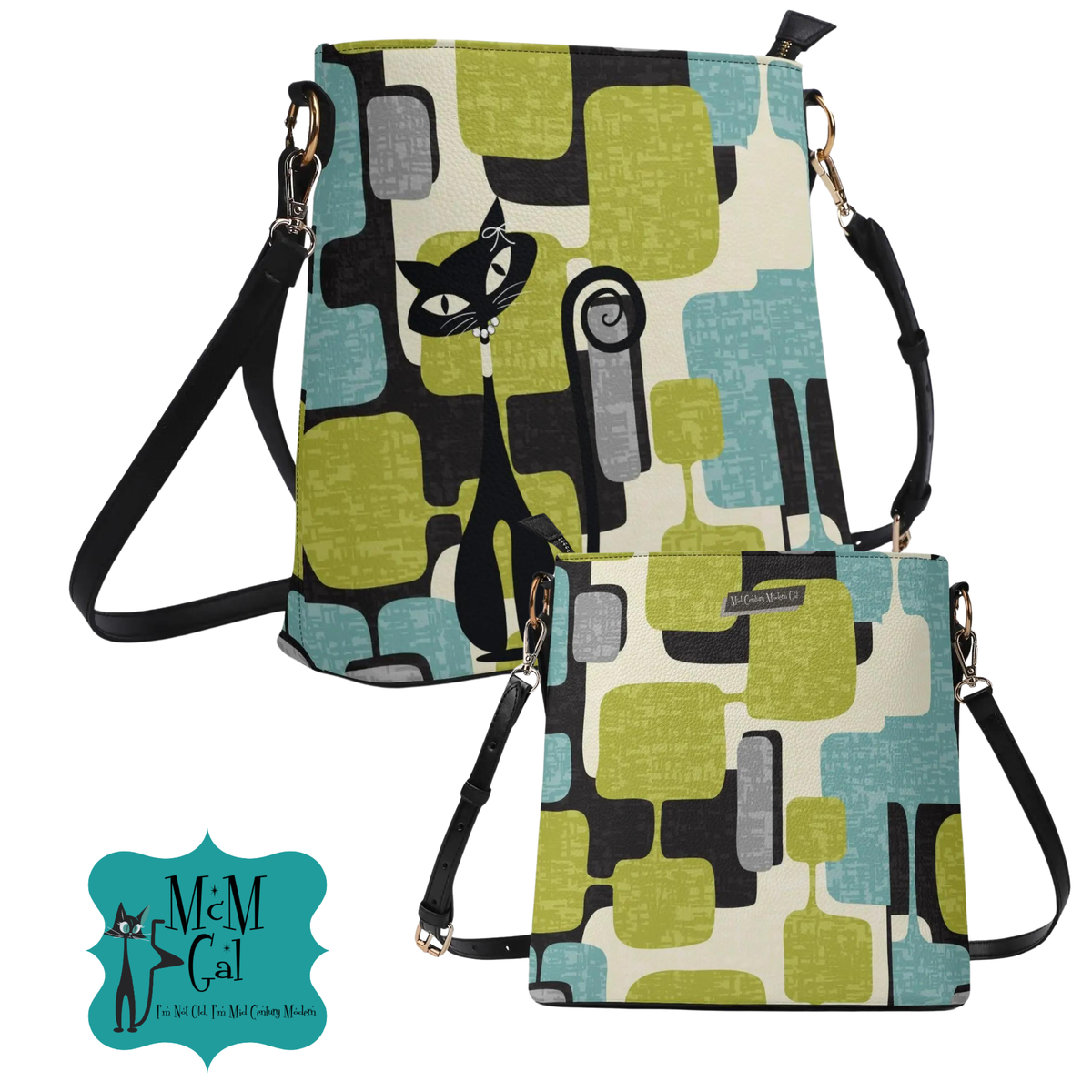 Atomic Cat Bucket Shoulder Bag, Geometric Designed Mid Century Mod Kitschy Trendy Purse - Mid Century Modern Gal
