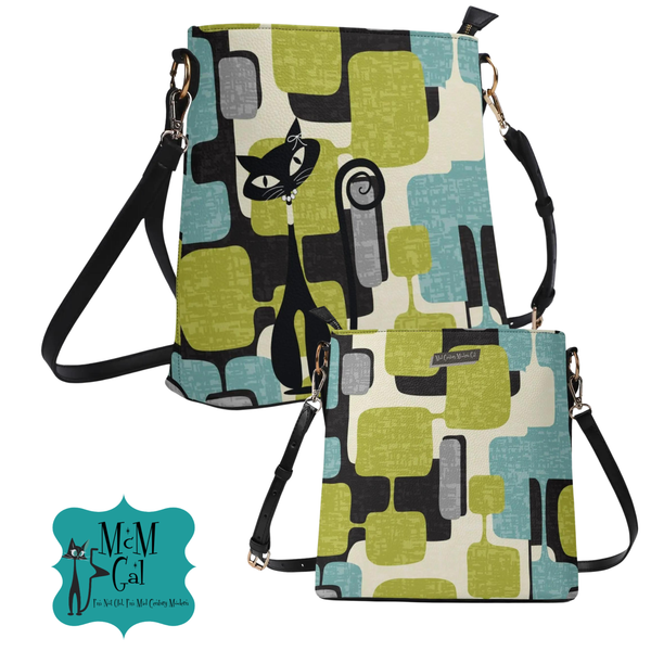 Atomic Cat Bucket Shoulder Bag, Geometric Designed Mid Century Mod Kitschy Trendy Purse