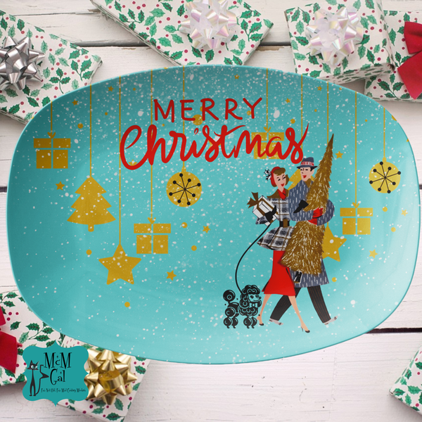 Vintage Retro Kitschy 50s Card Art Christmas Party Platter Mid Century Tableware