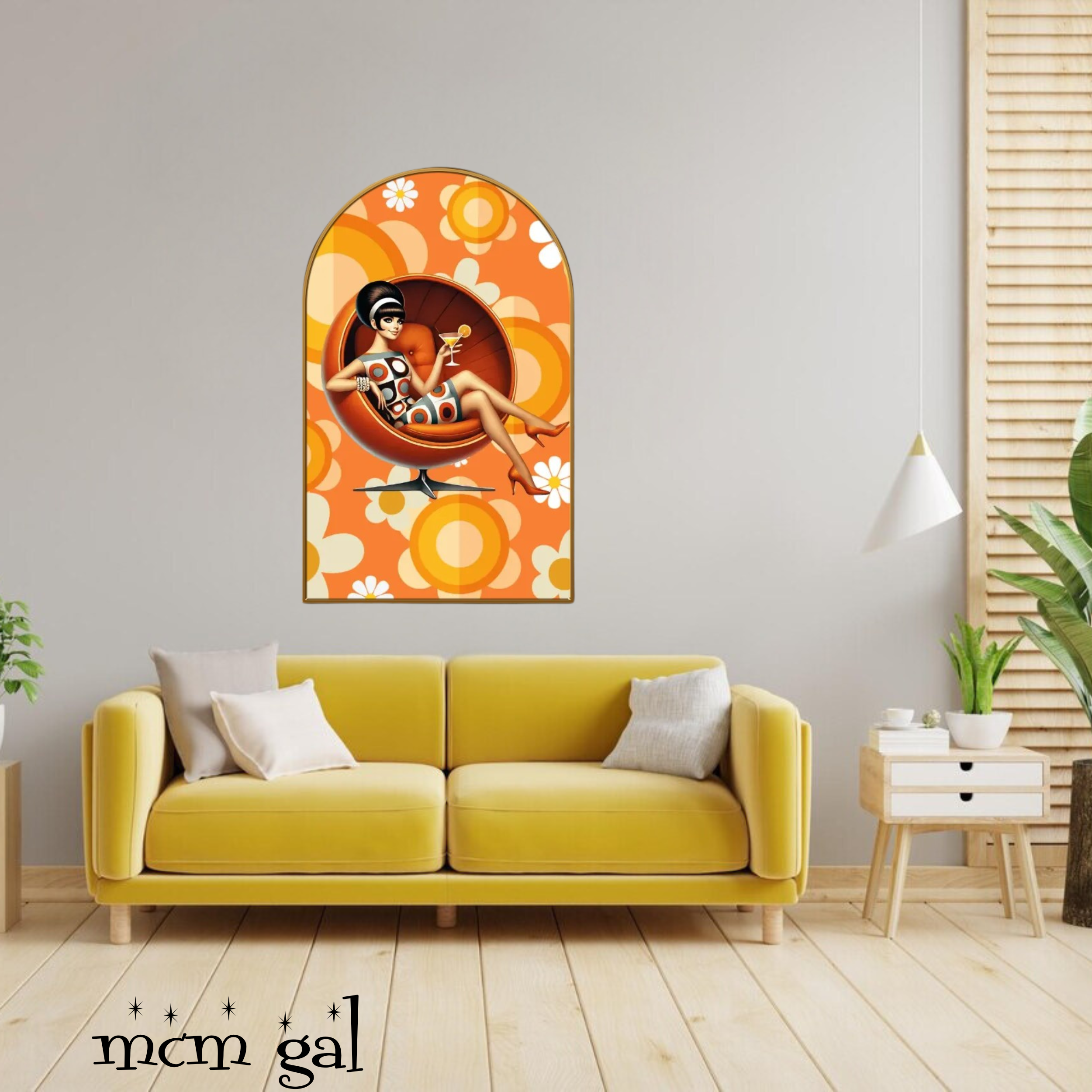 Flower Power 60s 70s Mod Gal In Retro Egg Chair Kitschy Mid Century Modern Arc Wall Art - Mid Century Modern Gal