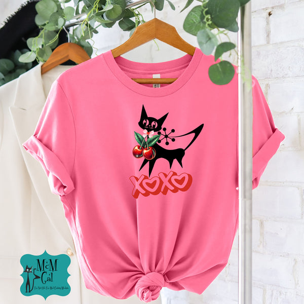 Atomic Cat Valentine Retro Cherries, Playful Cat Graphic Tee, XOXO Love Shirt, Gift for Cat Lovers, Fun Atomic Cherry 50s Fashion
