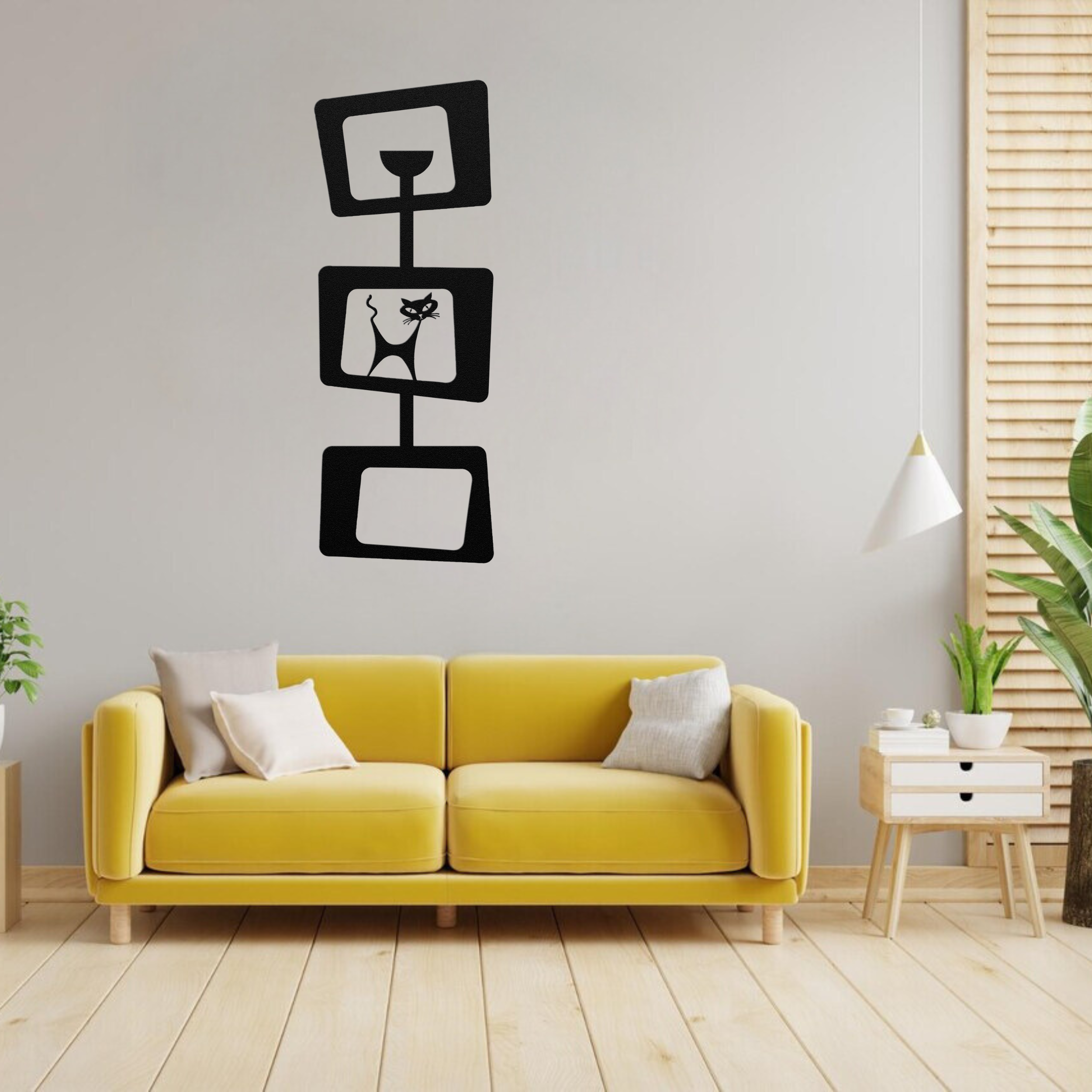 Mid Century Modern Geometric Metal Wall Art With Atomic Kitty - Mid Century Modern Gal