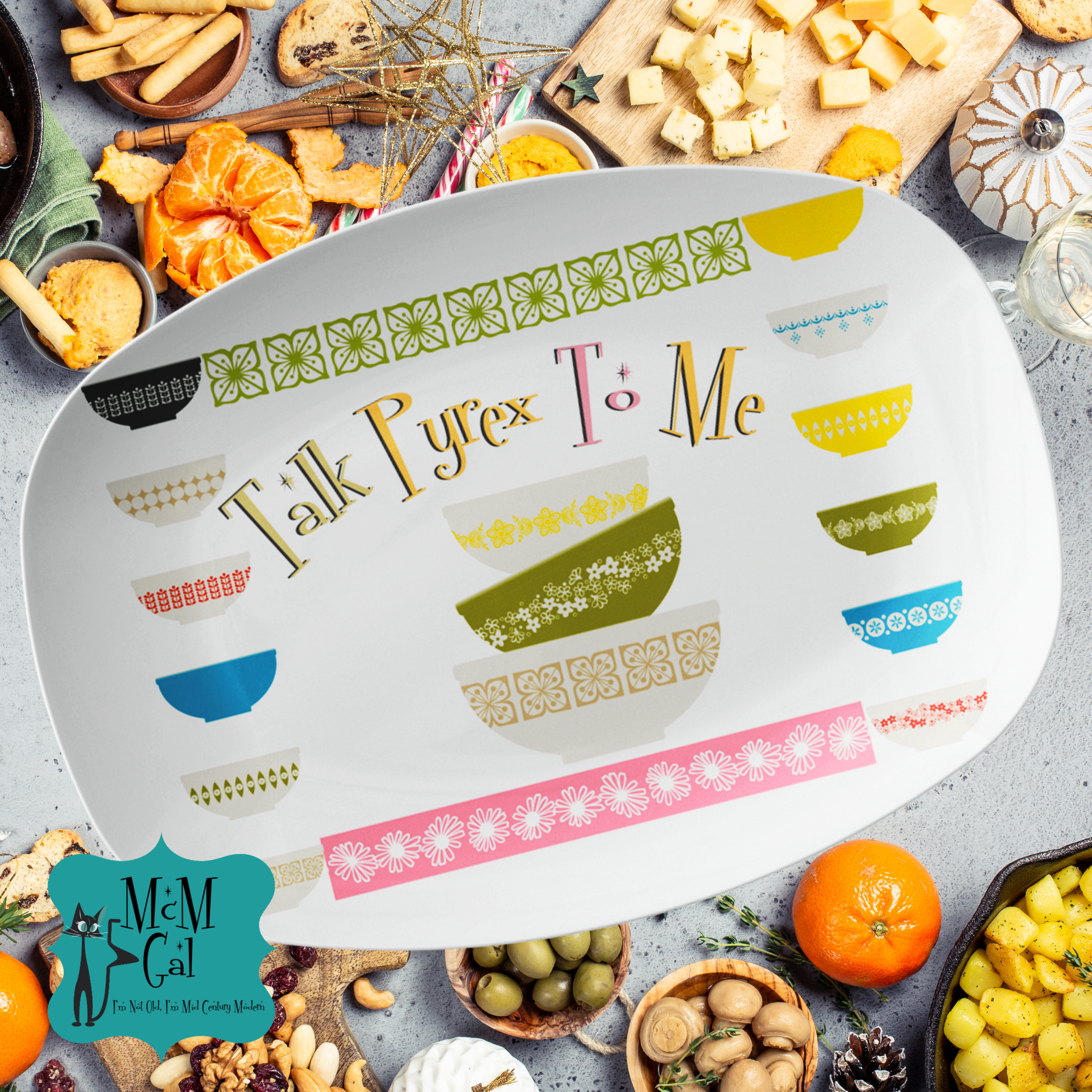 Pyrex Collector Platter, Special Edition, Talk Pyrex To Me, Quirky Funny Kitschy Mid Mod Platter Gift - Mid Century Modern Gal