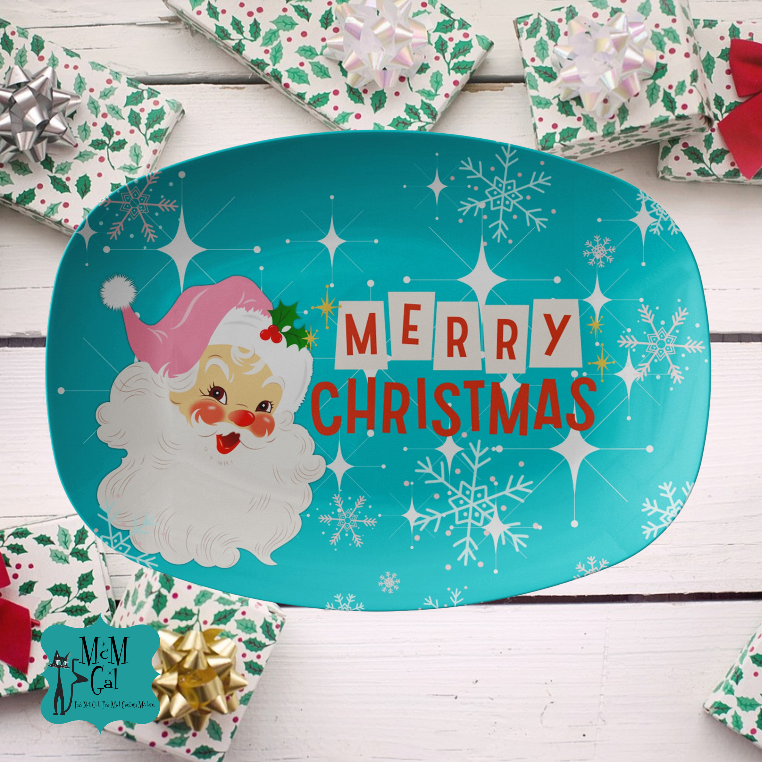 Vintage Santa, Christmas Platter, Mid Century Dinnerware, Aqua Blue, Retro Platter - Mid Century Modern Gal