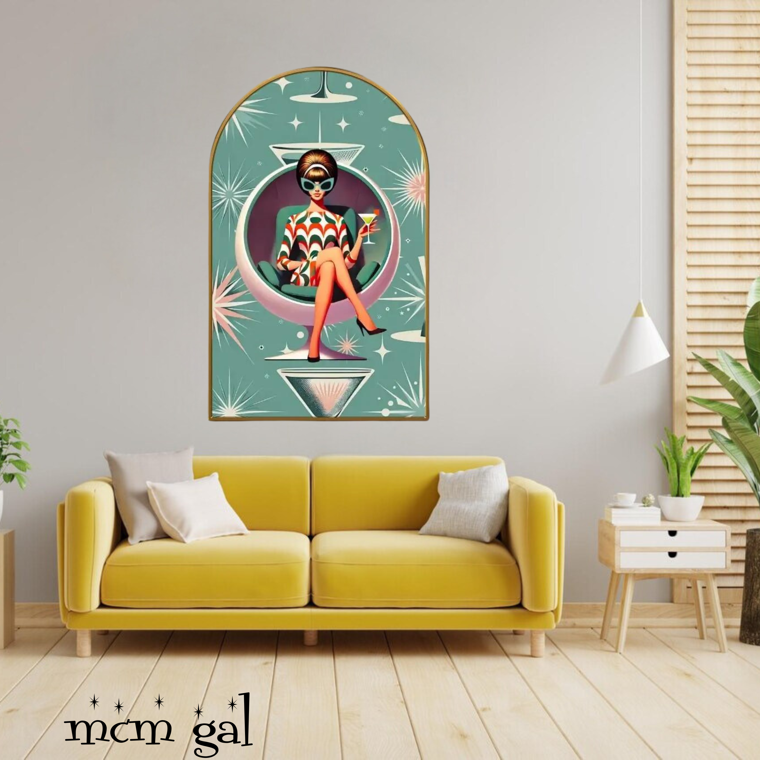 Mid Century Modern Arched Wall Art Kitschy Retro Cocktail Hour Bar Livingroom, Bedroom Atomic Art - Mid Century Modern Gal