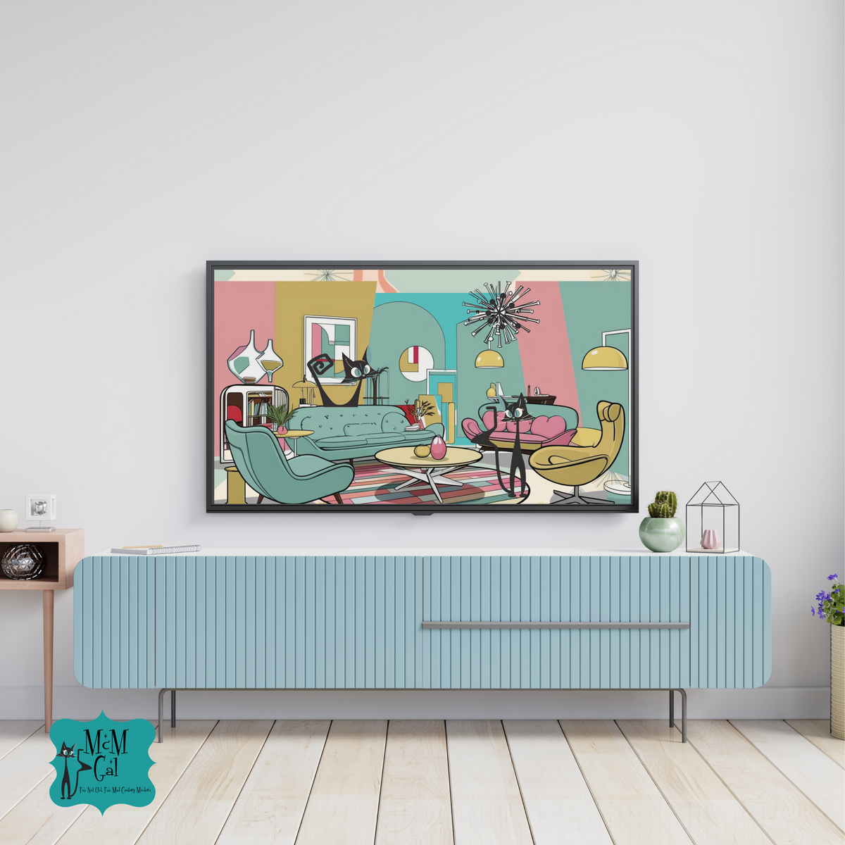 Mid Century Modern Atomic Cats Samsung TV Smart Frame Art - Mid Century Modern Gal