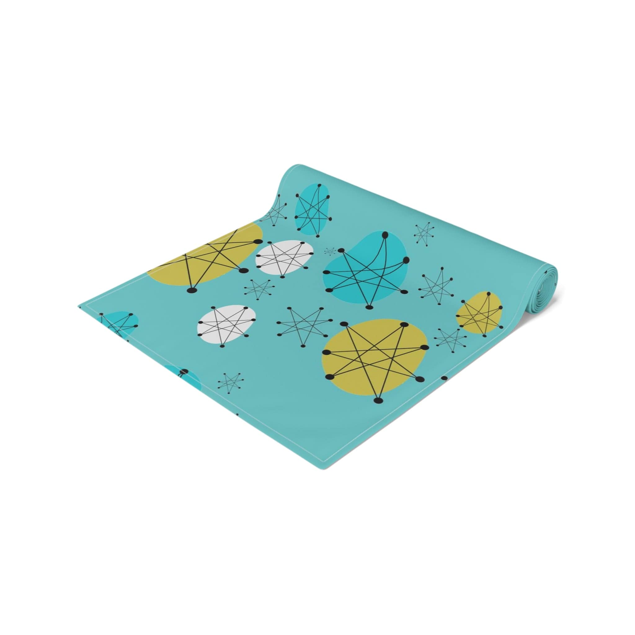 Vintage Franciscan Pattern Astro Starbursts, Aqua Blue, Green, White, Festive Mid Century Modern Table Runner Home Decor