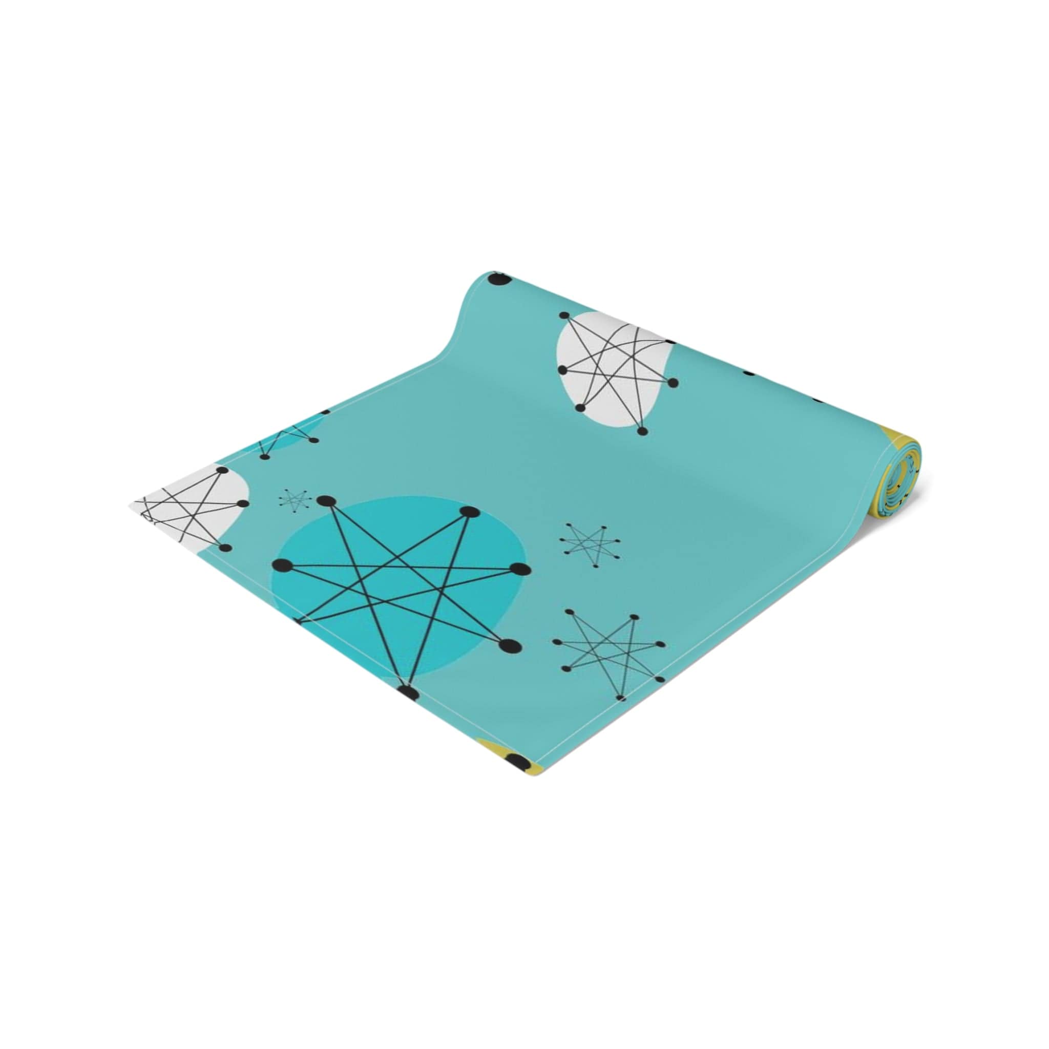 Vintage Franciscan Pattern Astro Starbursts, Aqua Blue, Green, White, Festive Mid Century Modern Table Runner Home Decor