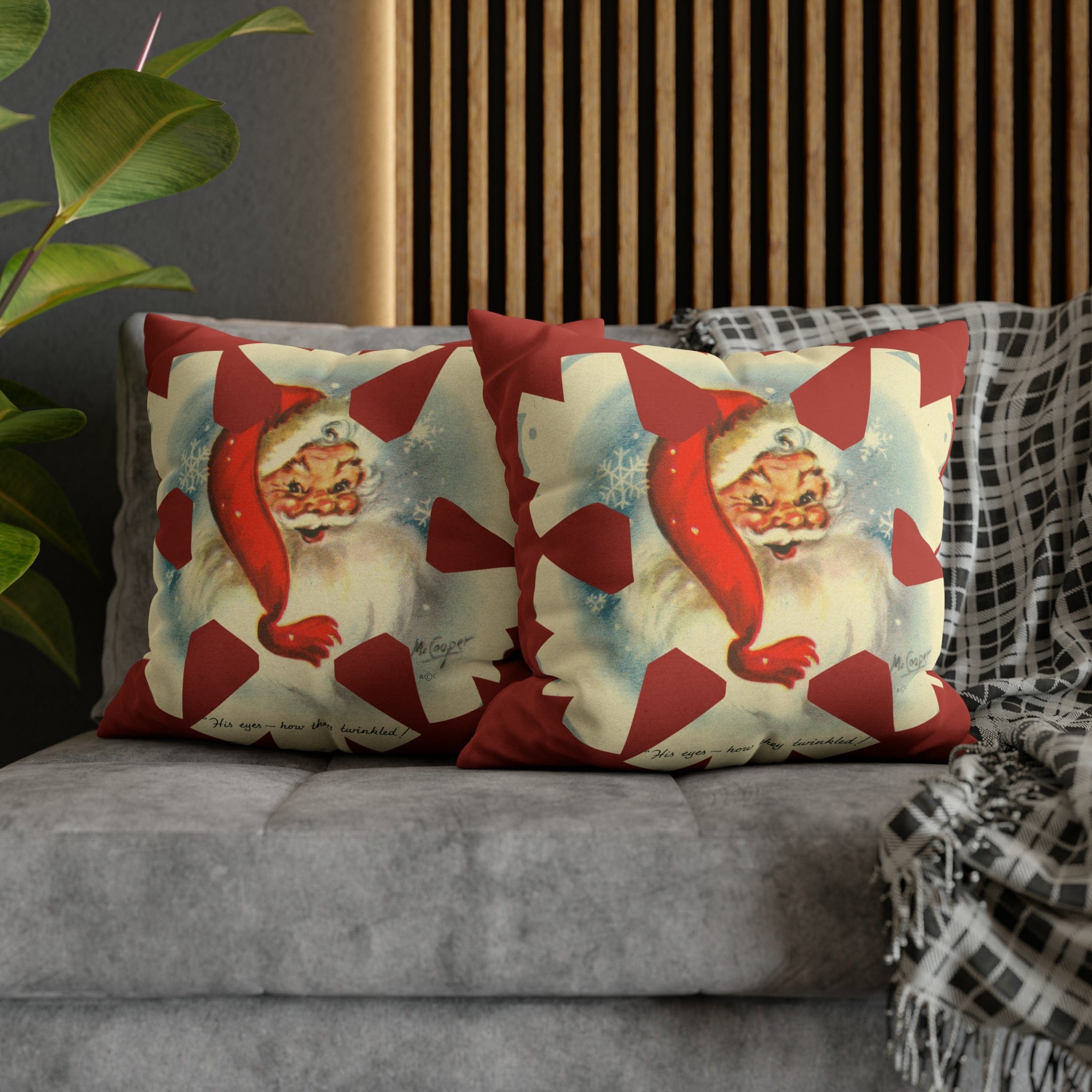Vintage Smiling Santa, Red Christmas Snowflake Pillow Cover Home Decor