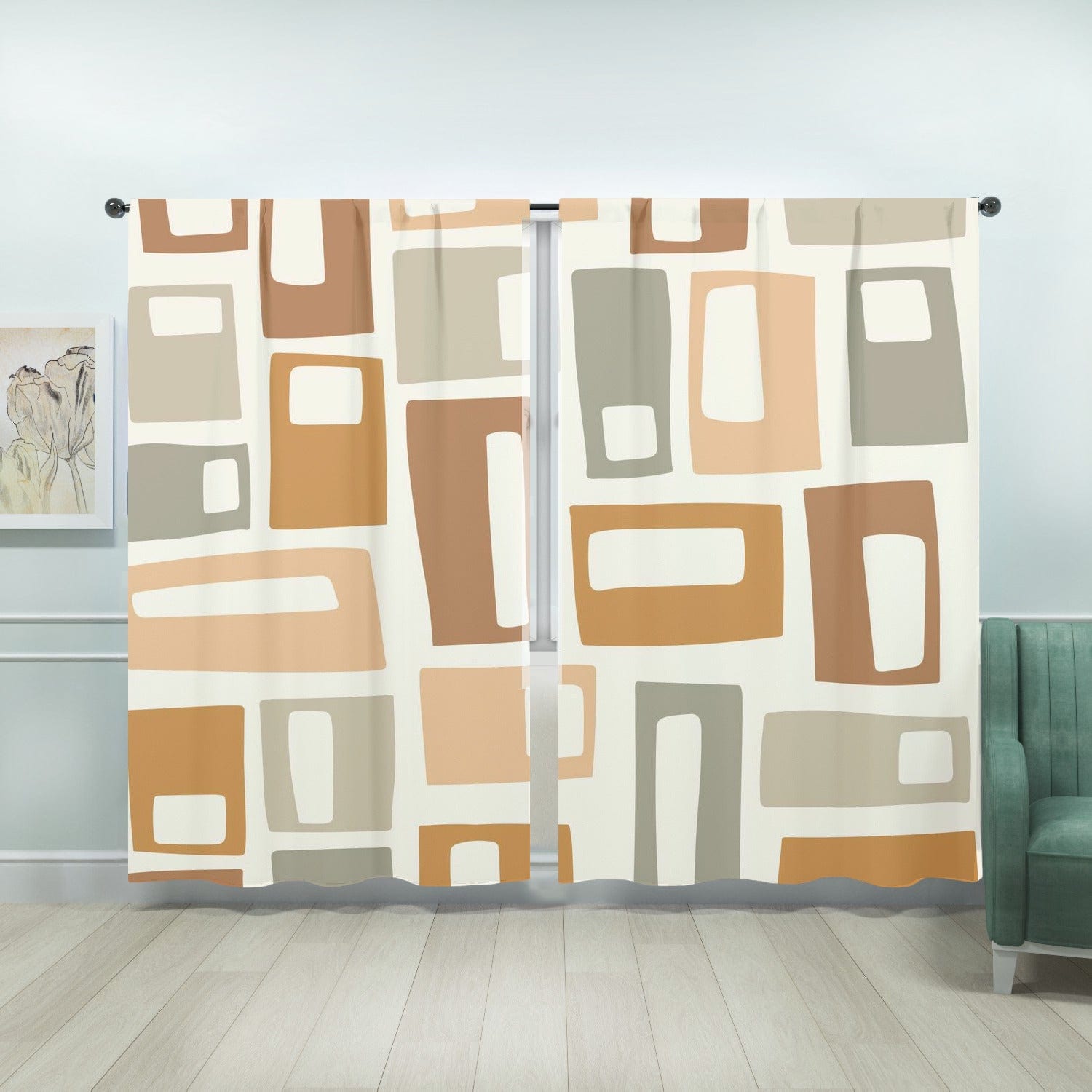 Mid Century Modern, Beige, Gold, Light Brown, Geometric, Groovy Mod Window Panels Curtains W104"x L84"