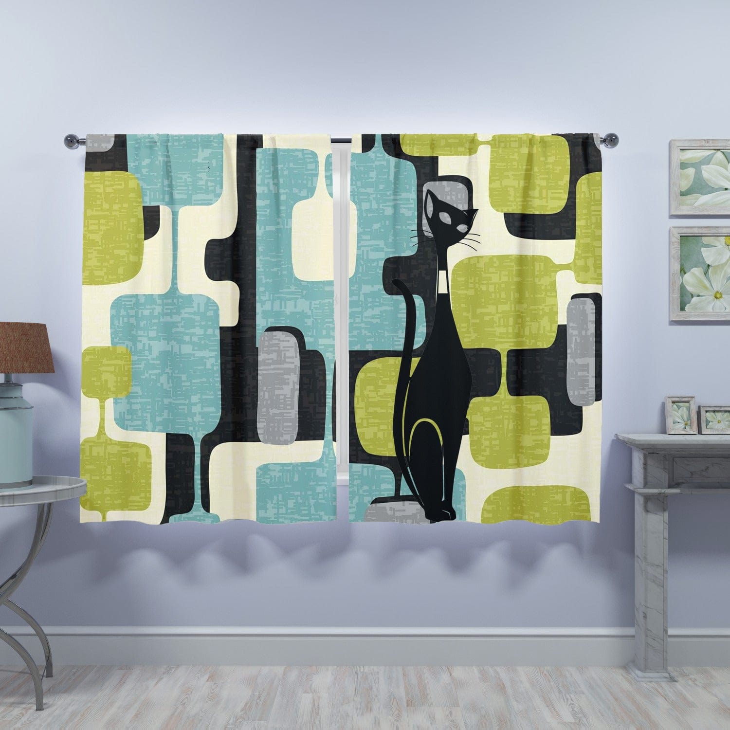 Mid Century Modern Geometric Green, Aqua, Black Gray, Atomic Cat, Window Curtains (two panels) Curtains W84"x L63"