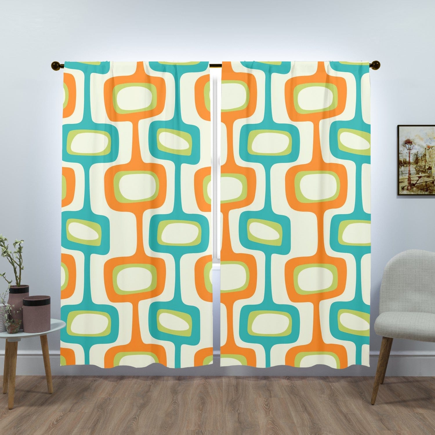 Retro Boho, Aqua Blue, White, Orange, Abstract, Geometric Mid Mod, MCM cheapest Custom Window Curtains (two panels)