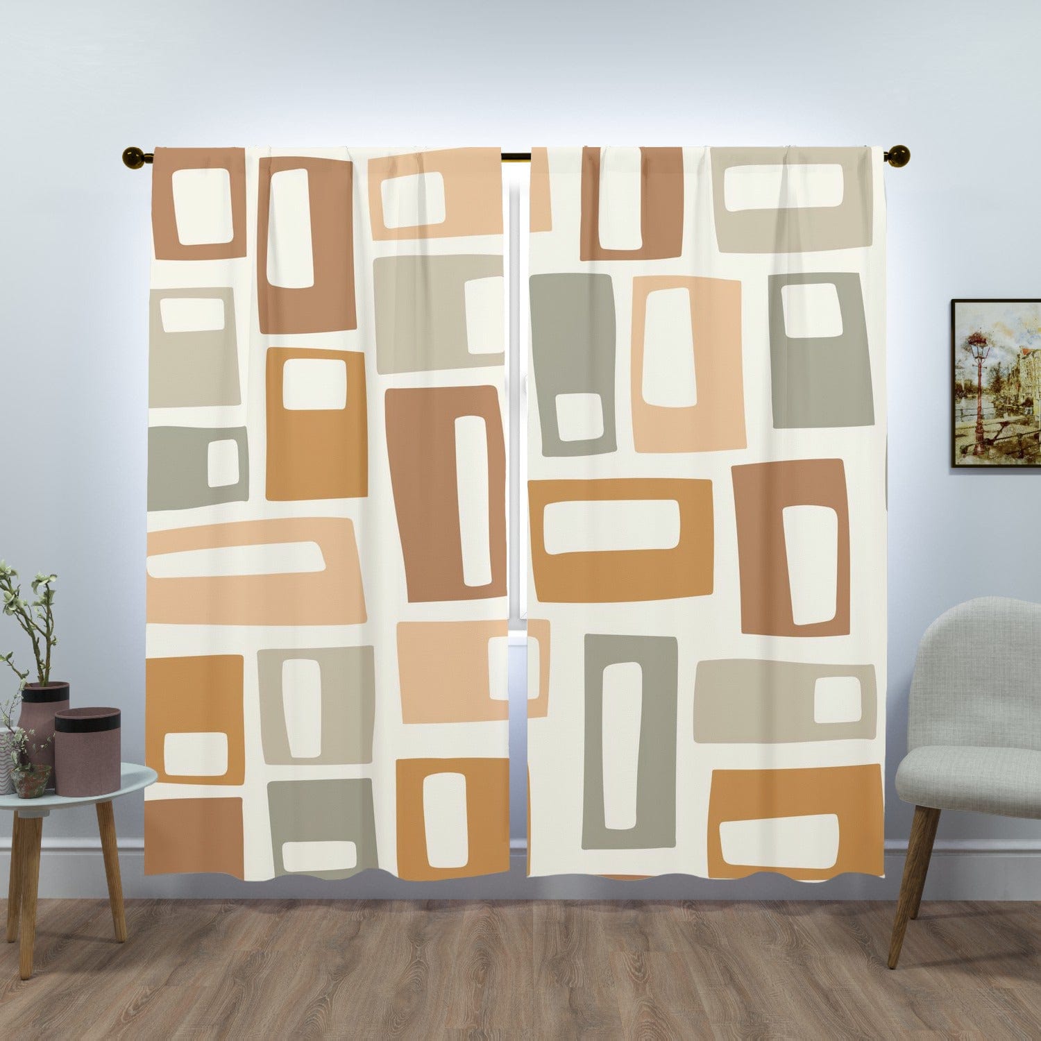 Mid Century Modern, Beige, Gold, Light Brown, Geometric, Groovy Mod Window Panels Curtains W84"x L84"