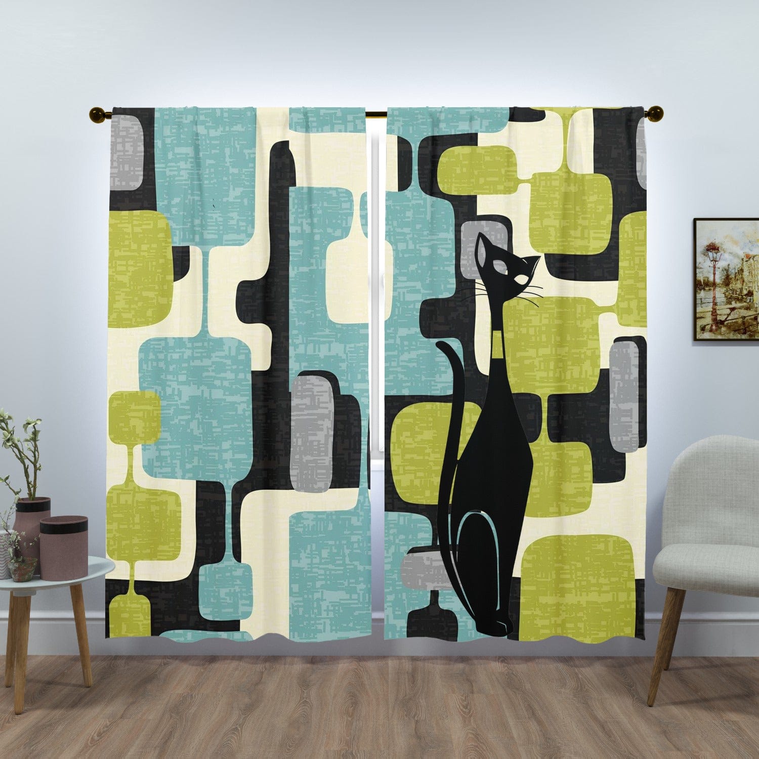 Mid Century Modern Geometric Green, Aqua, Black Gray, Atomic Cat, Window Curtains (two panels) Curtains W84"x L84"