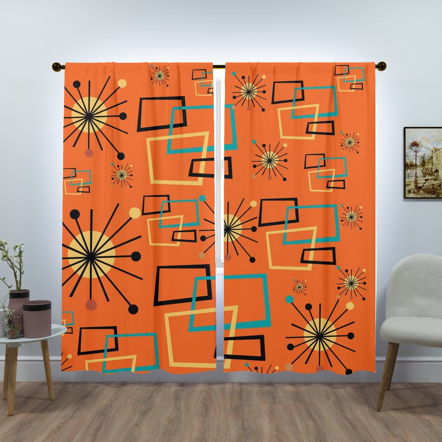 Mid Century Modern Orange Curtains, Starburst, Geometric, Retro Window Curtains (two panels) Curtains W84"x L84"
