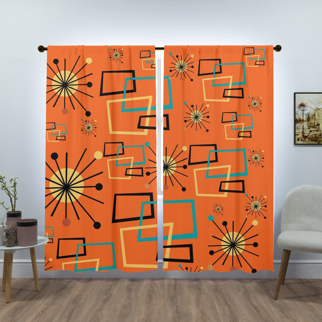 Mid Century Modern Orange Curtains, Starburst, Geometric, Retro Window Curtains (two panels) Curtains W84&quot;x L84&quot;