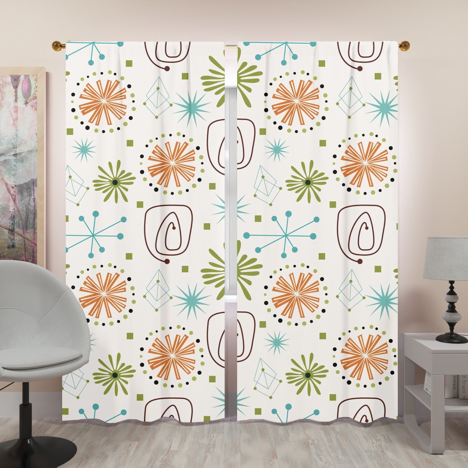 Mid Century Modern Curtains, Retro Atomic Starburst, Floral, Geometric, MCM Window Curtains (two panels) Curtains W84"x L96"