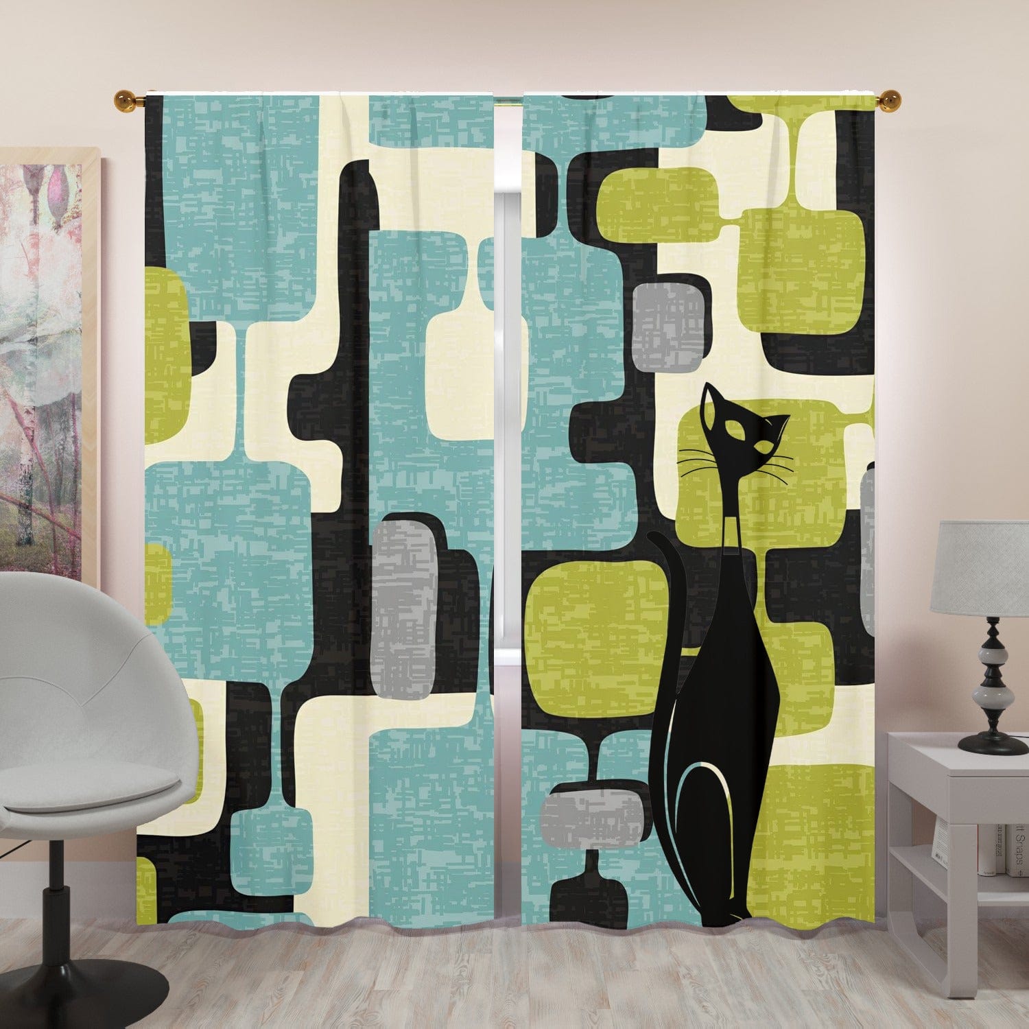 Mid Century Modern Geometric Green, Aqua, Black Gray, Atomic Cat, Window Curtains (two panels) Curtains W84"x L96"