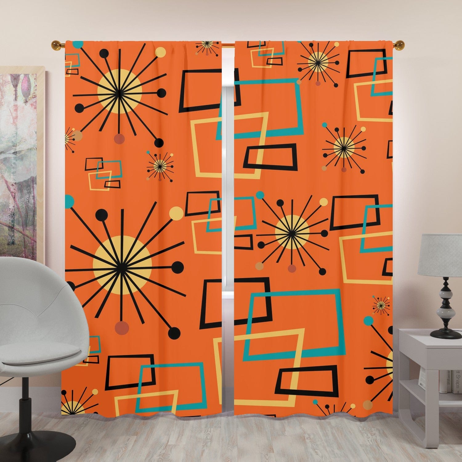 Mid Century Modern Orange Curtains, Starburst, Geometric, Retro Window Curtains (two panels) Curtains W84"x L96"
