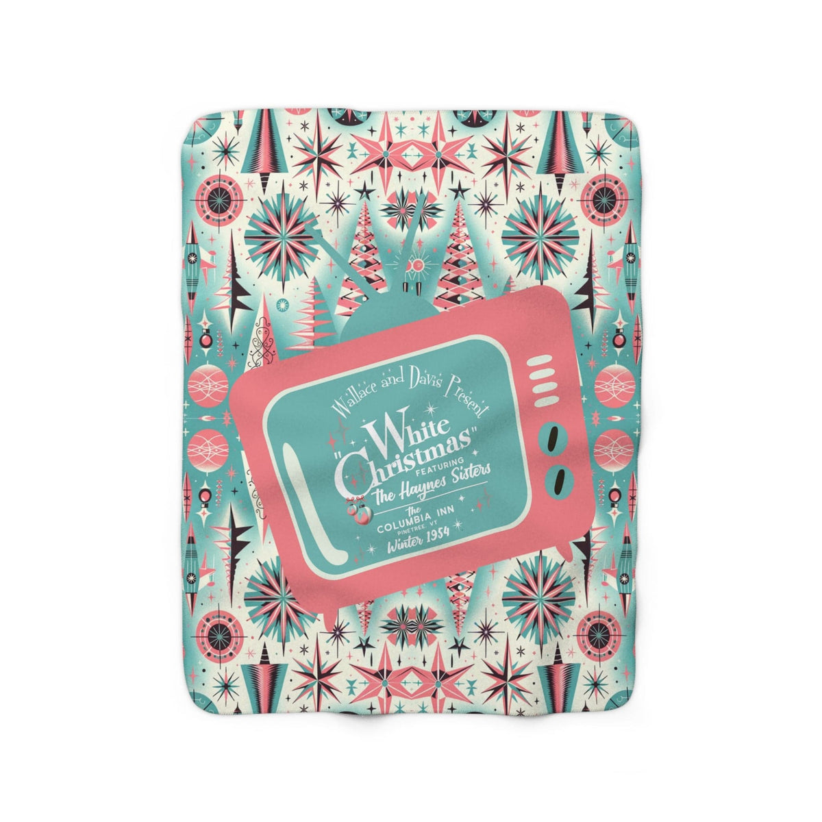 Wallace And Davis White Christmas, Kitschy 50's, Mid Century Modern Christmas Blanket, Pink, Aqua Sherpa Fleece Blanket Home Decor