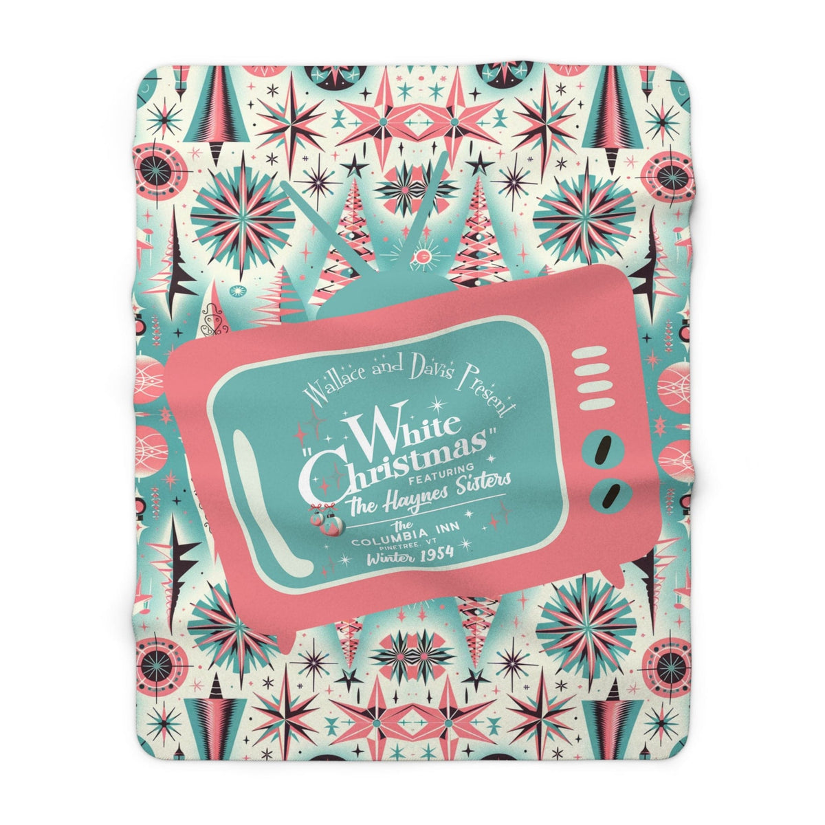 Wallace And Davis White Christmas, Kitschy 50's, Mid Century Modern Christmas Blanket, Pink, Aqua Sherpa Fleece Blanket Home Decor