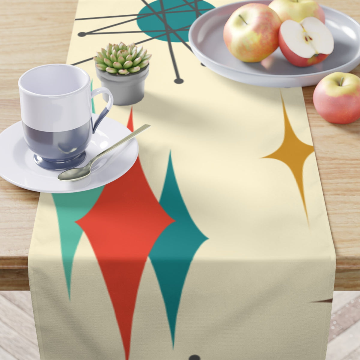 Mid Century Modern, Atomic Retro Franciscan MCM Mid Mod, Beige, Orange, Yellow Atomic Living Table Runner Home Decor White / 90'' × 16''