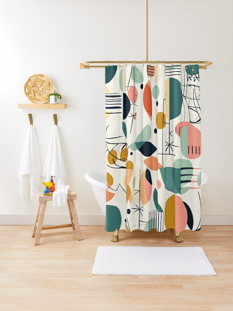 Mid Century Modern Shower Curtain, Abstracts, Geometric, MCM Teal, Orange, Colorful Design - Mid Century Modern Gal