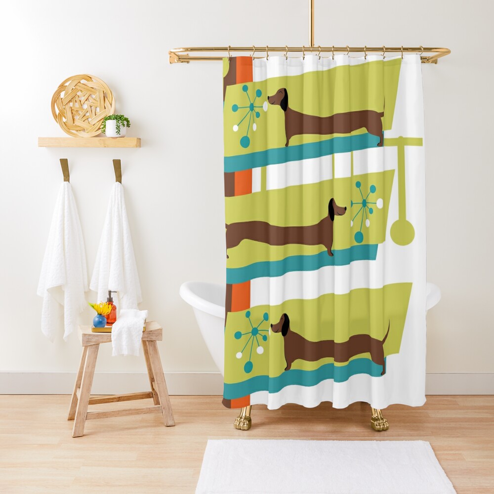 Mid Century Modern Doxie Dog, Dachshund Lover, Retro Mod Shower Curtains - Mid Century Modern Gal