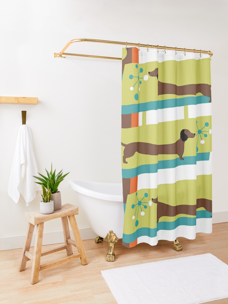 Mid Century Modern Doxie Dog, Dachshund Lover, Retro Mod Shower Curtains - Mid Century Modern Gal