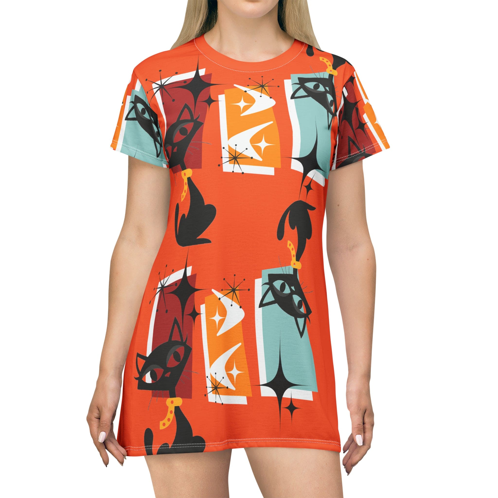 Groovy Retro Apparel, Atomic Kitschy Fun Cats, Disco Party, Retro Party, Mod Hipster T-Shirt Dress All Over Prints XS