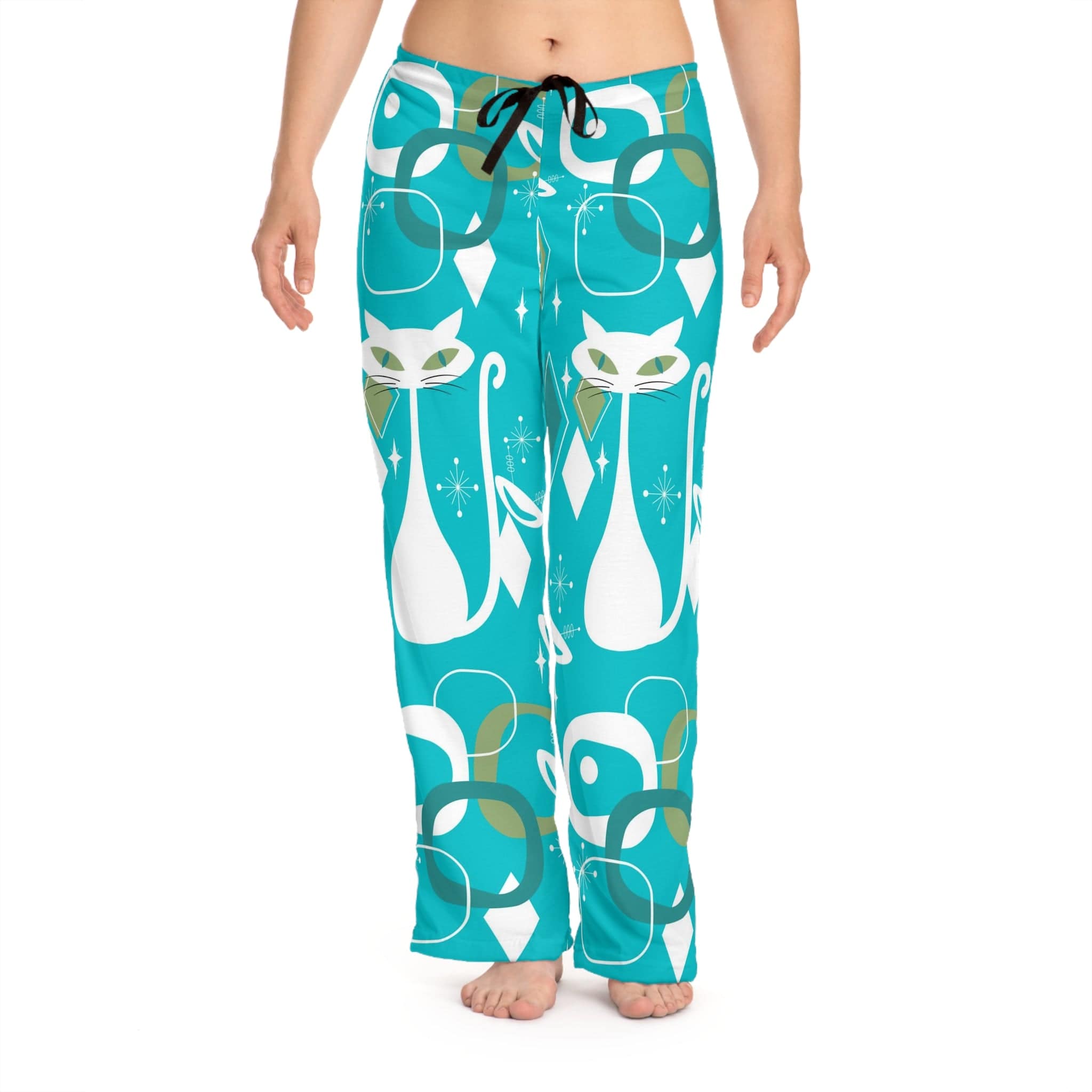 Mid Century Modern Christmas PJ Bottoms, Aqua Blue, White Kitschy Cats, Comfy Cozy Loungewear Women&