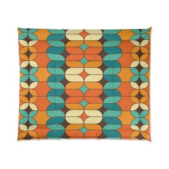 Mid Century Modern Bold And Beautiful Retro Orange, Chocolate Brown. Cream Teal Blue King Size Comforter 104" × 88"