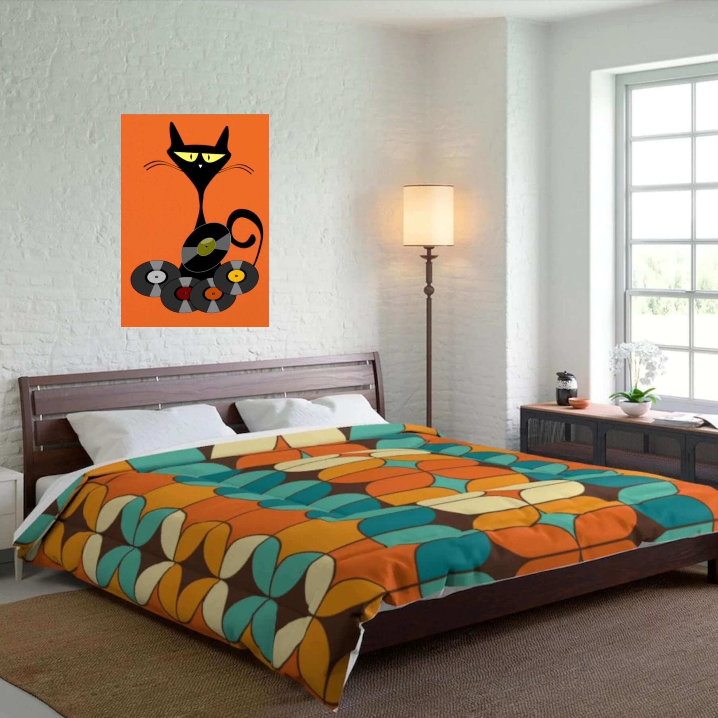 Mid Century Modern Bold And Beautiful Retro Orange, Chocolate Brown. Cream Teal Blue King Size Comforter 104" × 88"