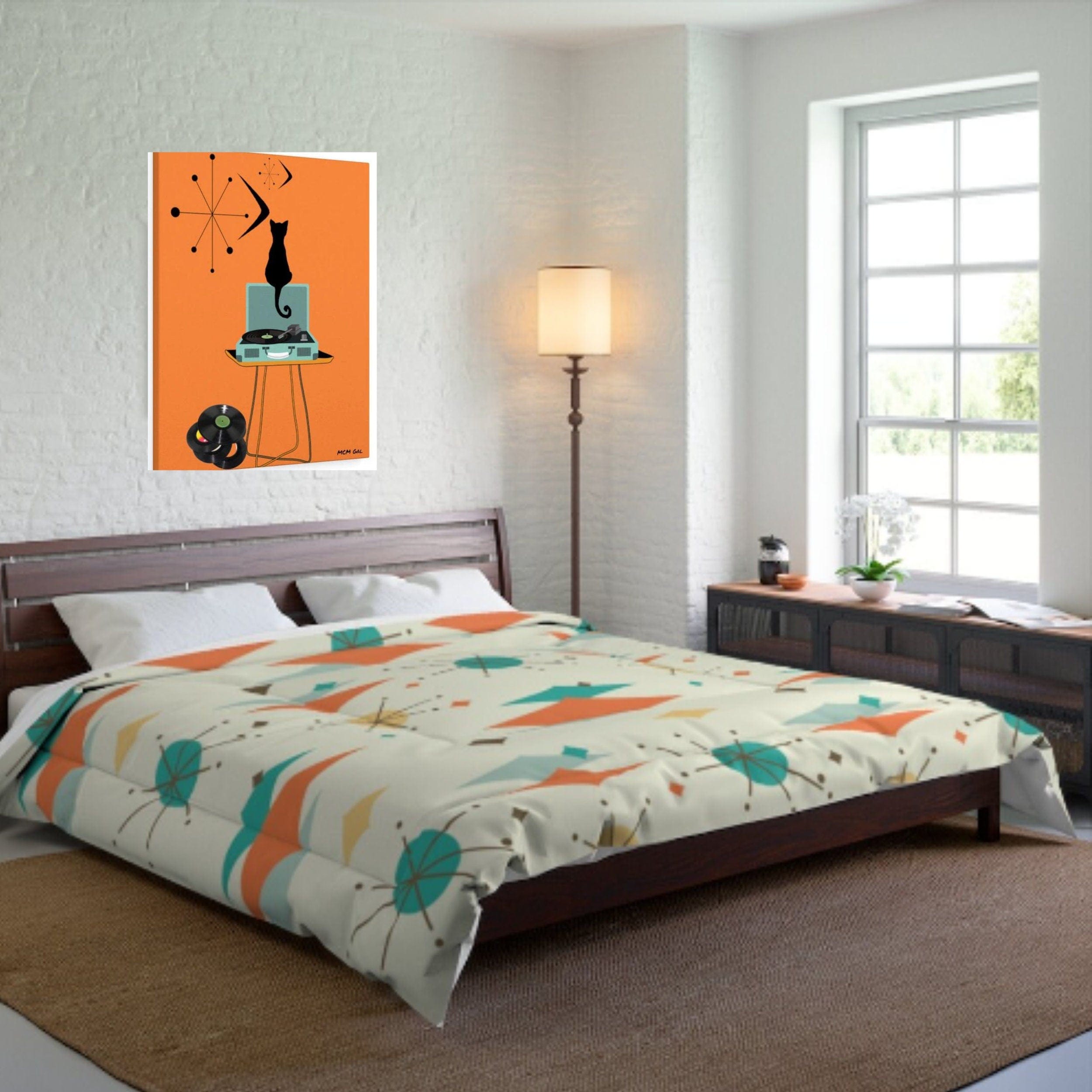 Mid Century Modern Franciscan Starburst, Teal Blue, Turquoise, Orange Retro King Comforter 104" × 88"