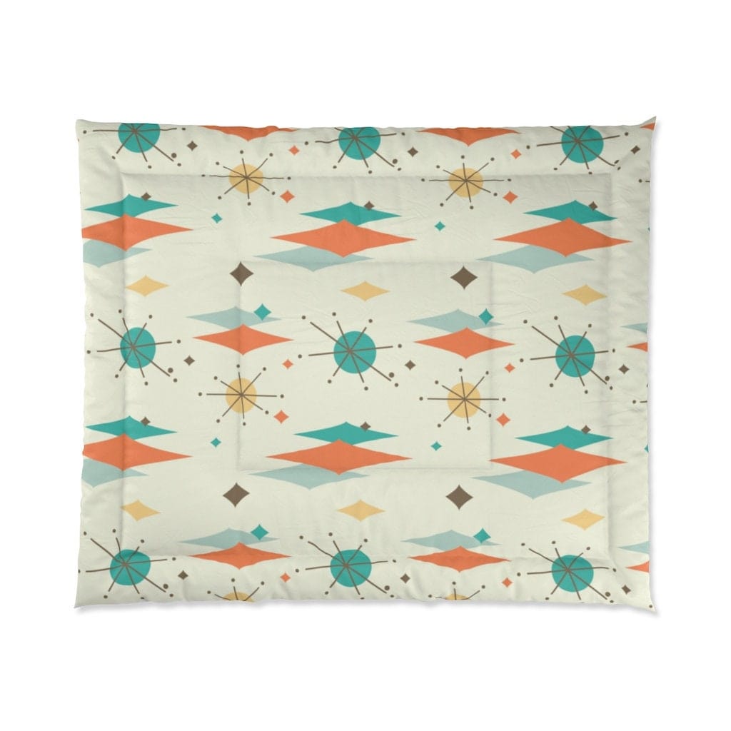 Mid Century Modern Franciscan Starburst, Teal Blue, Turquoise, Orange Retro King Comforter 104" × 88"