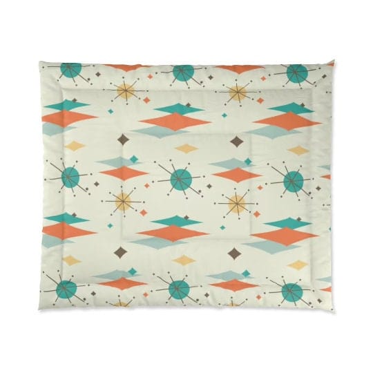 Mid Century Modern Franciscan Starburst, Teal Blue, Turquoise, Orange Retro King Comforter 104" × 88"