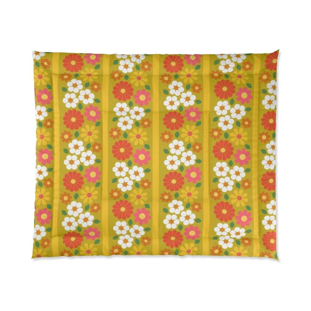 Retro Bedding 1970's Flower Floral Mod Daisy Golden Yellow Funky Mid Century Modern Comforter 104" × 88"
