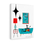 Mid Century Modern Wall Art, Atomic Cat Living Room Retro. Teal Blue, Red, Black Canvas Art Canvas 11″ × 14″ / Premium Gallery Wraps (1.25″) Mid Century Modern Gal